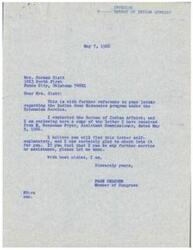 ["The document from Mrs. Norman Hiatt to Congressman Page Belcher expresses concern about the reduction of the Indian Home Economics program in Oklahoma due to funding limitations. The Bureau of Indian Affairs explains that the reduction was necessary to prioritize housing programs, but some funding has been restored for the Extension program in Oklahoma. Mrs. Hiatt is worried about the impact of the reduction on Indian people who rely on the services provided by the Home Demonstration and Farm agents. The document highlights the importance of these programs in helping Indian people improve their living conditions and skills."]