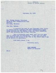 ["Mrs. Thelma Hudson, president of the Wa-pe-he Home Demonstration Club in Red Rock, Oklahoma, wrote to Senator Harris requesting the restoration of the Home Demonstration Agent for the Pawnee, Otoe, and Ponca community. She received a positive response from Member of Congress Page Belcher, who informed her that the Agent had been restored. Belcher also provided information regarding the Indian Home Economics program and explained the reduction in the Extension program due to funding limitations. The document from the Bureau of Indian Affairs highlighted the importance of housing programs but assured that the need for Extension services to Indian people had not been reduced. The Wa Pe' He Home Demonstration Club members expressed their appreciation for the Extension services and requested the support of Senator Harris and Senator Monroney in restoring the services."]