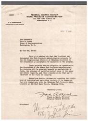 ["The letter from the Work Projects Administration informs Congressman Boren that certain projects in the 4th Congressional District of Oklahoma have been approved for inclusion in the program. The projects are eligible for operation at the discretion of the State Work Projects Administrator, depending on factors such as availability of funds and certified relief labor. Specific details of one project to improve water supply facilities in Weleetka are provided, including the work to be done and the sponsor of the project."]