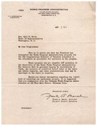 ["The letter from the Works Progress Administration to Congressman Lyle H. Boren informs him that projects for the 4th Congressional District of Oklahoma have been approved for inclusion in the program. The projects are now eligible for operation at the discretion of the State Works Progress Administrator, depending on factors such as availability of funds and certified relief labor. Specific project details for Okfuskee and Lincoln Counties in Oklahoma are provided in the attachment."]