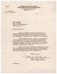 ["The letter is informing the recipient, Lyle H. Boren, that the Work Projects Administration projects for the 4th Congressional District of Oklahoma have been approved for inclusion in the program. The projects are now eligible for operation at the discretion of the State Work Projects Administrator. The decision to proceed with the projects will depend on factors such as the availability of funds and certified relief labor. If more information is needed, the recipient is advised to contact the Oklahoma Work Projects Administrator."]