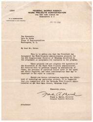 ["The Work Projects Administration projects for the 4th Congressional District of Oklahoma have been designated as acceptable for inclusion in the program by the President. These projects are now eligible for operation at the discretion of the State Work Projects Administrator, taking into consideration factors such as availability of funds and certified relief labor. Specific details of a road improvement project in Okfuskee County are provided in the attachment."]