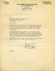 ["The document is from R. R. Cape, Superintendent of Excelsior Public Schools, to Congressman Lyle Boren, thanking him for his interest in their Works Progress Administration (WPA) project and urging him to take care of his health. The document mentions the need for buildings and expresses hope to see Congressman Boren soon."]