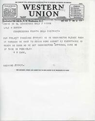 ["The company is asking for suggestions from its patrons regarding its service. A telegram is sent to a congressman requesting approval for a project to begin work on August 13. The quickest, surest, and safest way to send money is by telegraph or cable."]