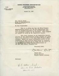 ["The document informs Congressman Lyle H. Boren that Works Progress Administration projects in the 4th Congressional District of Oklahoma have been designated eligible by the President and are subject to review by the Comptroller General. The projects can be put into operation at the discretion of the State Works Progress Administrator, and the Congressman is advised to contact the Oklahoma State Works Progress Administrator for further information."]