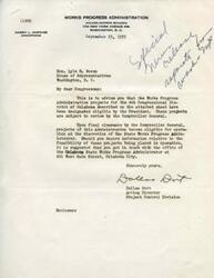 ["The document is a letter from the Works Progress Administration in Washington, D.C. to Congressman Lyle H. Boren regarding designated projects in the 4th Congressional District of Oklahoma. The projects have been approved by the President and are subject to review by the Comptroller General. The document suggests contacting the Oklahoma State Works Progress Administrator for information on the feasibility of the projects."]