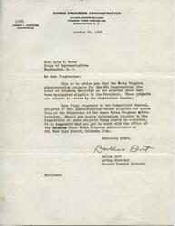 ["The document is informing Congressman Lyle H. Boren that Works Progress Administration projects in Oklahoma have been designated eligible by the President and are subject to review by the Comptroller General. The projects can be put into operation at the discretion of the State Works Progress Administrator, and the Congressman is advised to contact the Oklahoma State Works Progress Administrator for more information."]