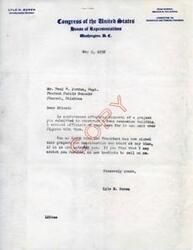 ["Lyle H. Boren, a member of the House of Representatives, informed the superintendent of Pharoah Public Schools that approval had been given for the construction of 4 home economics buildings. Construction could begin at any time and Boren offered further assistance if needed."]