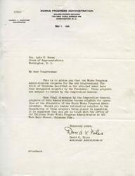 ["The document is from the Works Progress Administration confirming that projects in the 4th Congressional District of Oklahoma have been designated eligible and are subject to review. The projects can be operated at the discretion of the State Works Progress Administrator. The recipient is advised to contact the Oklahoma State Works Progress Administrator for more information on the feasibility of the projects."]