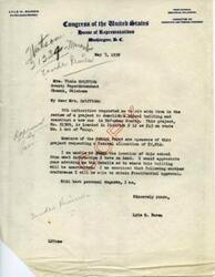["Lyle H. Boren, a member of the Committee on Interstate and Foreign Commerce, is requesting information from Mrs. Viola Griffith, County Superintendent, regarding a project to demolish and rebuild a school building in Okfuskee County. The project is sponsored by the School Board and is seeking a federal allocation of $2,812. Boren needs more details about the location of the school in order to obtain Presidential approval for the project."]