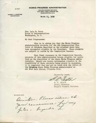 ["The document is informing Congressman Lyle H. Boren that Works Progress Administration projects for the 4th Congressional District of Oklahoma have been designated eligible by the President and are subject to review by the Comptroller General. The projects can be placed into operation at the discretion of the State Works Progress Administrator, and the Congressman is advised to contact the Oklahoma State Works Progress Administrator for more information."]