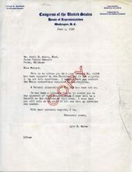 ["Lyle H. Boren, a member of the Committee on Interstate and Foreign Commerce in the United States Congress, informs Cecil E. Oakes, the Superintendent of Paden Public Schools in Oklahoma, that project No. 21358A has been approved by the President and is eligible for operation. Boren suggests contacting state authorities for construction and mentions a Federal allocation of $12,909. Boren expresses pleasure in assisting with the project and offers further assistance if needed."]