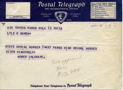 ["The document is about the different types of telegrams and cables offered by Postal Telegraph, including Day Letter, Night Letter, Night Message, and Deferred Cable. The message also includes a specific example of a telegram sent to Paden, Oklahoma."]