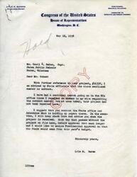 ["Lyle H. Boren, a member of the Committee on Interstate and Foreign Commerce in the US House of Representatives, is in communication with Cecil E. Oakes regarding project #21358. Boren has been trying to locate the project in the Works Progress Administration (WPA) office but has not been successful. He advises Oakes to contact the State office to determine the hold-up and states that delays in approval could impact funding from the current year's budget."]