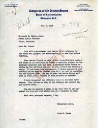 ["The document is from Lyle H. Boren, a member of the Congress, responding to a letter about a Works Progress Administration (WPA) project for a new high school building in Peden, Oklahoma. Boren acknowledges the letter but requests more information to help locate the specific project. He assures that he will do his best to get approval for the project and will provide updates on the progress."]