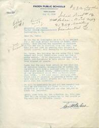 ["The superintendent of Paden Public Schools is requesting assistance from Representative Lyle Boren for a Works Progress Administration (WPA) project to build a new high school in Paden, Oklahoma. The current high school building is unsafe and inadequate, serving ten districts in Okfuskee County. The district is in need of federal aid due to low valuation and debt. The superintendent hopes for quick approval of the project to provide a better school program for the students in the area."]