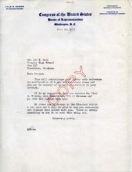 ["In a letter dated June 10, 1938, Lyle H. Boren, a member of the Committee on Interstate and Foreign Commerce in the United States Congress, acknowledges a letter regarding the construction of a gym and classrooms at Pouglas High School in Clearview, Oklahoma. Boren suggests contacting Mr. Phil A. Watson, Area Supervisor at Works Progress Administration (WPA) in Shawnee, and expresses willingness to personally discuss the matter upon his return to the district."]