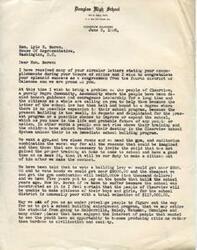 ["The superintendent of Douglas High School in Clearview, Oklahoma, is writing to Congressman Lyle H. Boren to seek help in expanding the school building and program. The current facilities are inadequate and preventing the community from providing proper education and opportunities for their children. They are asking for assistance in securing funding for a gym and additional classrooms to improve the school and prevent students from seeking education elsewhere."]