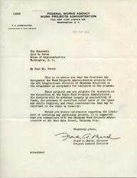 ["The document informs the recipient that the President has approved Work Projects Administration projects for the 4th Congressional District of Oklahoma. The projects are now eligible for operation at the discretion of the State Work Projects Administrator, depending on availability of funds and certified relief labor. The recipient is advised to contact the Oklahoma Work Projects Administrator for more information on specific projects."]