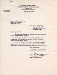 ["The Federal Works Agency Work Projects Administration in Oklahoma City received a project application from School District No. 27 in Okfuskee County, which has been transmitted to Washington with an identification number. The delay in transmission was due to waiting for sponsor's agreement forms."]