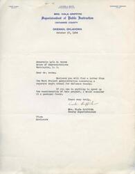 ["Mrs. Viola Griffith, the County Superintendent of Okfuskee County in Oklahoma, is writing to Honorable Lyle H. Boren, a House of Representatives member in Washington D.C., requesting assistance in speeding up the consideration of a separate negro school project in the county. The document is dated October 17, 1939."]