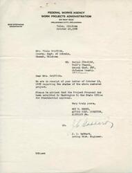 ["The document is informing Mrs. Viola Griffith, County Superintendent of Schools in Okemah, Oklahoma, that the Project Proposal for Bell's Chapel School District in Okfuskee County has been submitted to Washington for Presidential approval. The document is signed by Acting District Director Roy W. Kenny and Acting District Engineer J. C. Gabbard."]