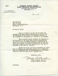["The document informs Congressman Boren that Work Projects Administration projects in the 4th Congressional District of Oklahoma are approved for inclusion in the program. The projects can now be operated at the discretion of the State Work Projects Administrator, depending on factors such as availability of funds and certified relief labor. For more information on specific projects, Congressman Boren is advised to contact the Oklahoma Work Projects Administrator."]