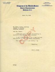 ["Lyle H. Boren, a member of the Committee on Interstate and Foreign Commerce in the United States House of Representatives, received a letter from the Secretary of the Chamber of Commerce in Weleetka, Oklahoma thanking him for his assistance in approving a school project. Boren expresses his pleasure in helping with the much-needed improvement."]