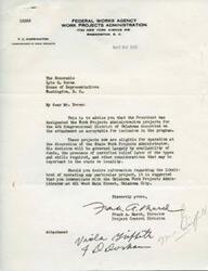 ["The document from the Work Projects Administration informs Congressman Boren that projects in the 4th Congressional District of Oklahoma have been approved for inclusion in the program. The decision to proceed with these projects will be based on various factors, including availability of funds and certified relief labor. The Congressman is advised to contact the Oklahoma Work Projects Administrator for more information on specific projects."]