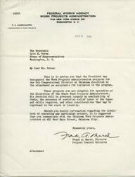 ["The document informs the Honorable Lyle H. Boren that Work Projects Administration projects in the 4th Congressional District of Oklahoma have been approved for inclusion in the program. The projects are now eligible for operation pending availability of funds and other considerations. The document advises contacting the Oklahoma Work Projects Administrator for more information on specific projects."]