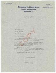 ["The document is from Lyle H. Boren, a member of the United States Congress, responding to a letter from Bird Burgess regarding legislation for the Loyal Creek claimants. Boren explains that no bills have been passed in recent years concerning the Loyal Creeks, and provides information on bills introduced since the 75th Congress. Burgess had been elected by the Loyal Creek claimants to correspond with Boren on their behalf."]