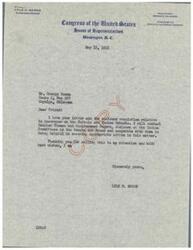 ["The document is a letter from Lyle H. Boren, a congressman, responding to a letter and resolution from George Boesen regarding insurance on Eufaula and Euchee Schools. The resolution, adopted by the Creek Convention, requests that insurance contracts be awarded to members of the Creek Tribe and that preference be given to tribe members in all business transactions involving Creek Tribal funds. Boren expresses willingness to cooperate with other officials to address the matter."]