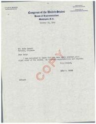 ["Lyle H. Boren, a member of the Committee on Interstate and Foreign Commerce in the 4th Oklahoma District, congratulates Roly Canard on being re-elected as principal chief of the Creeks in a letter dated October 29, 1942."]