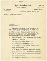 ["The Office of Inspector in Oklahoma City is conducting a survey of the Federal Building in Shawnee, Oklahoma. They are requesting information about the post office, the city, postal business, industries, institutions, population, employees, mail volume, and parcel deliveries. They are also asking for details about the Federal Building, available sites, and local conditions that affect the post office business."]