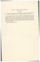 ["This act establishes a term of the District Court of the United States for the Western District of Oklahoma to be held annually at Shawnee, Oklahoma on the first Monday in October, as long as suitable accommodations are provided at no expense to the United States."]