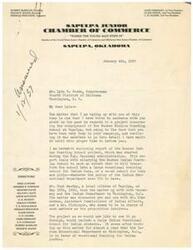 ["The document is a request to Congressman Lyle H. Boren regarding the enlargement of the Euchee Indian Boarding School in Sapulpa, Oklahoma into a vocational training school for Indian students. The Sapulpa Junior Chamber of Commerce is supporting this project and hopes for Congressman Boren's assistance. The document includes a report on the project and mentions a committee's investigation into rumors about the Eufaula Indian Mission School. The goal is to establish a large Indian vocational school in Oklahoma, as there is currently a lack of such facilities in the state."]