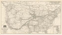 ["A black and white map of the Rock Island Lines, Route of the Rockets, from the Chicago, Rock Island and Pacific Railway Co. Dimensions: 32 x 18."]