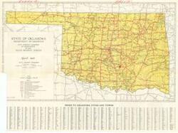 ["This map, titled Map Showing Condition of Improvement of the State Highway System and produced by the Oklahoma Department of Highways, features colored pictures. Dimensions: 27 x 20."]