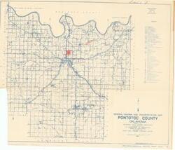 ["The General Highway and Transportation Map of Pontotoc County, Oklahoma, produced by the Oklahoma State Highway Department with blue ink on white paper, measures 20 x 18."]