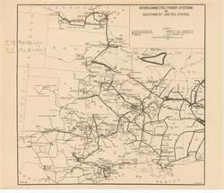 ["This map, titled Interconnected Power Systems in Southwest United States, is a black and white depiction with the names T. M. Markley and S. I. McElhoes written in pencil. Dimensions: 13 x 11."]