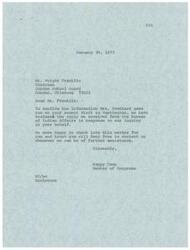 ["The document is a response to Mr. Wright Franklin, Chairman of the Concho School Board, regarding additional funds for the school. The Bureau of Indian Affairs has sent an Advice of Allotment for $12,300 to support school board activities for the current fiscal year, with the possibility of more funds after a financial review. The document also mentions a backlog of correspondence due to employees being unable to enter headquarters, and assures that responses will be provided as soon as possible. The Concho School Board is eagerly awaiting the additional funding and is confident it will be received soon."]
