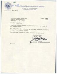 ["The document is a series of correspondence between various individuals and government officials regarding disruptions in Federal Indian schools in Oklahoma by agitators who are not elected school board members. The Bureau of Indian Affairs acknowledges the concerns raised and expresses a commitment to working with elected Indian school boards, tribal leaders, and Indian parents to develop educational programs that meet the needs of the Indian communities. The Department of the Interior also emphasizes the importance of implementing the President's policy of Indian self-determination."]