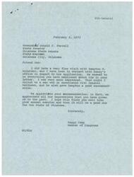 ["State Senator Donald F. Ferrell recommended Hampton W. Anderson, Jr. for an important Bureau of Indian Affairs position in Oklahoma, stating that he has known Anderson for many years and can vouch for his dependability and good reputation. Congressman Happy Camp also expressed appreciation for Ferrell's recommendation and mentioned that he was impressed with Anderson during their meeting."]