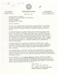 ["The document is addressed to Honorable Marvin Franklin, Assistant to the Secretary of the Interior for Indian Affairs, discussing the appointment of a new Commissioner of Indian Affairs and recommending Hampton Anderson, a Choctaw individual, for the position. The document also mentions a contract from the Bureau of Indian Affairs for training members of the Cheyenne-Arapaho Tribes in various skills."]