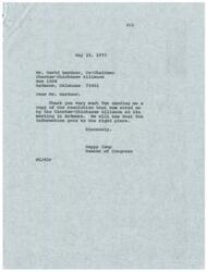 ["The Choctaw-Chickasaw Alliance passed a resolution opposing the appointment of Thomas J. Ellison as Area Director of the B.I.A. Muskogee Area Office. They believe Ellison does not support their efforts to protect tribal land and water rights. They are requesting support from Congressman John N. Happy Camp to appoint someone outside the Muskogee Area Office to the position. Congressman Camp thanked them for the information and assured them it will be passed on to the right place."]