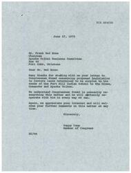 ["The document is a response from Member of Congress Happy Camp to Chairman Frank Red Bone of the Apache Tribal Business Committee regarding proposed legislation to restore surplus lands to the Kiowa, Comanche and Apache Tribes. Happy Camp appreciates Red Bone's letter and assures cooperation with Congressman Steed in researching the matter. Red Bone had previously written to Congressman Steed urging favorable action on the legislation."]