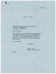 ["The Comanche Tribal Business Committee sent a mailgram to Senator John N. Camp expressing their support for Mr. Nahwooski for the position of Commissioner of Indian Affairs. They thanked the Senator for his support and requested his consideration for Nahwooski to be appointed to the position. Senator Camp acknowledged the mailgram and assured the committee that their views would be remembered."]
