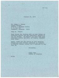 ["The document is from Edgar L. French, Tribal Manager of the Wichita & Delaware Tribes, expressing concerns about the Seidl Plan to reorganize and regionalize the Bureau of Indian Affairs Area Offices. Six tribes under the Anadarko Agency have prepared a resolution opposing the plan, stating that it would disrupt services to the Indian people and goes against President Nixon's policy on Indian self-determination. They are requesting their Congressional Delegation and Secretary of Interior Morton to stop the reorganization and focus on providing programs and services to the tribes. Congressman Happy Camp acknowledges the letter and assures that their views will be remembered."]