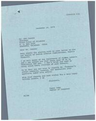["The Chairman of the Kiowa Tribe of Oklahoma, Bob Cannon, expresses concern to the Bureau of Indian Affairs Commissioner, Morris Thompson, about statements regarding the possible closing of boarding schools in Oklahoma. Congressman Happy Camp reassures Mr. Cannon that there are many in Washington who understand the importance of Indian schools and that hasty closings are not likely. Congressman Camp also appreciates Mr. Cannon's efforts to clarify the Commissioner's comments and wishes him a happy holiday season."]
