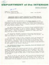 ["Regulations have been issued to govern the distribution of nearly $3 million awarded to the Confederated Tribes of Weas, Piankashaws, Peorias, and Kaskaskias by the Indian Claims Commission. The funds will be distributed on a per capita basis to eligible individuals, with applications for enrollment needing to be filed by May 15, 1973. The roll of eligible individuals will be updated to include children born between specific dates and to remove deceased enrollees."]
